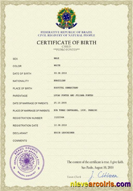 Brazil vital record birth certificate